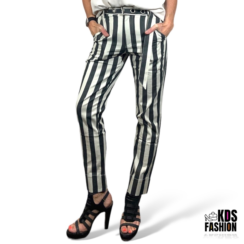 Uniq Charcoal Striped High Rise Ankle Pants w/Eyelet Belt SM NWT